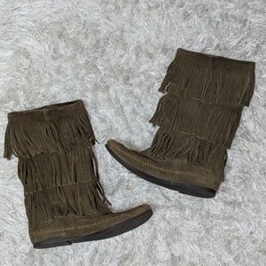 Olive green Minnetonka fringe boots
